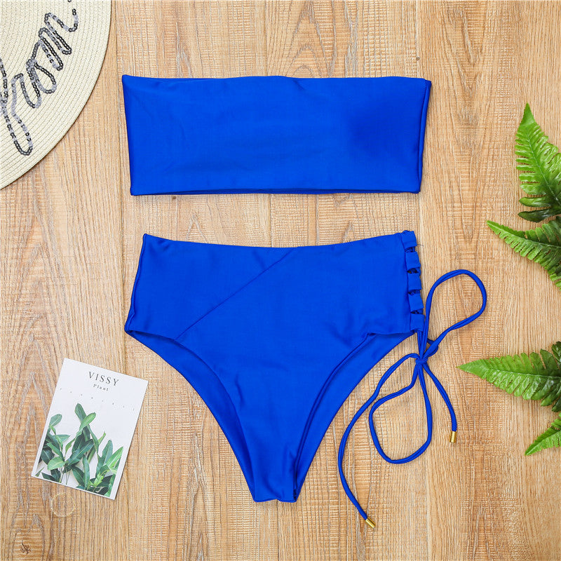 Wholesale Solid Color Wipe High Waist Polyester Swimwear